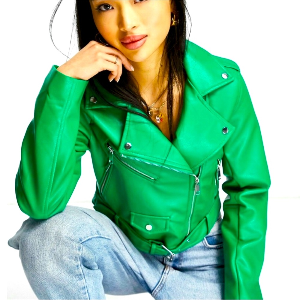 Stradivarius faux leather biker jacket in kelly green size XS vegan moto NWT NEW